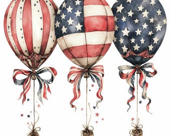 Lot de 13 ballons drapeau patriotique des Etats-Unis, Illustration de la fête de l'indépendance, Clipart aquarelle imprimable, JPG de haute qualité, créations en papier