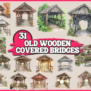 Aquarell alte gedeckte Holzbrücke Clipart Bundle, Naturlandschaft Clip Art Set, Holz Landschaft Wohnkultur PNG Grafiken, digitaler Download