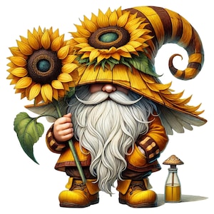 16 PNG Gnomes With Sunflower Clipart, Cute Gnome, Flower Gnome, Gnome Bundle, Gnome Clipart, Illustration | Instant Download for Commercial