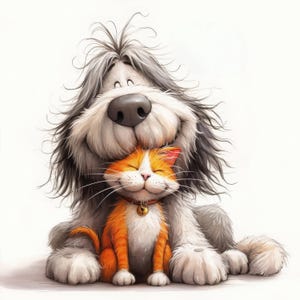 Op de afbeelding: Een cartoonillustratie van een grijs-witte hond met lang haar die een kleine oranje-witte kat omhelst. De hond heeft een grote glimlach en de kat kijkt met gesloten ogen omhoog naar de hond.