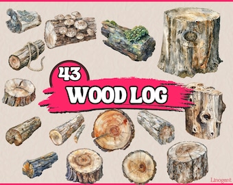 Watercolor Wooden Log Clipart Bundle, Natural Wood Clip Art Set, Chopped Tree PNG Graphics, Illustrations, Digital Download, Commercial Use