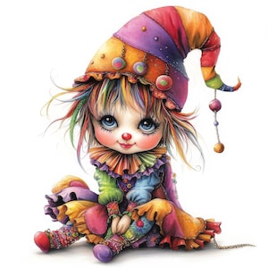 Quirky Clown Girl Clip Art 10 High Res Watercolor JPGs Junk Journaling, Scrapbooking, Card Making, Digital Download Kit, Fantasy, Whimsical