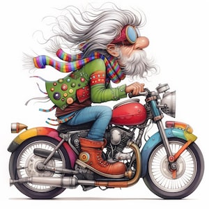 Puede incluir: Una ilustraci&oacute;n caprichosa de un hombre de pelo largo y barba que lleva ropa colorida y gafas, montando una motocicleta de colores brillantes con un tanque de gasolina rojo.