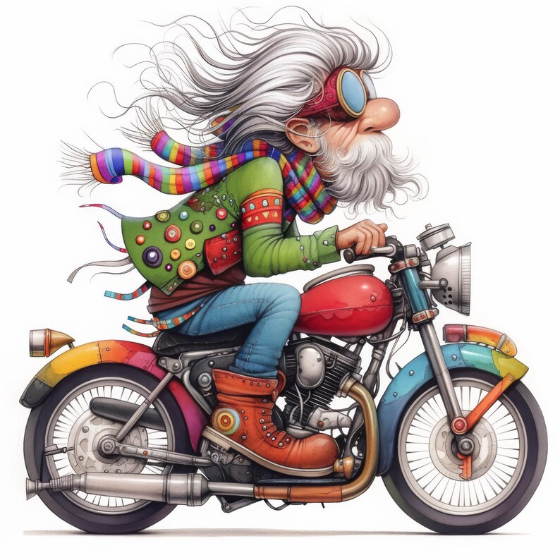 Puede incluir: Una ilustraci&oacute;n caprichosa de un hombre de pelo largo y barba que lleva ropa colorida y gafas, montando una motocicleta de colores brillantes con un tanque de gasolina rojo.