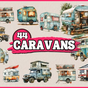 May include: A collection of 44 colorful caravans and camper vans, including a blue and white caravan with a red awning, a red and white caravan with a green awning, and a blue and white camper van with a surfboard on the roof.