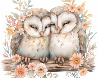 15 Cute Floral Owl Clipart Bundle, Woodland Owl Illustration, Printable Watercolor Clipart, High Quality JPG, Paper Craft, Junk Journals