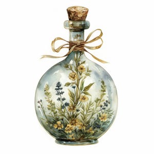 May include: Watercolor illustration of a clear glass bottle with a cork stopper and a tied ribbon. The bottle is filled with yellow and blue flowers and green leaves. The bottle has a round shape.
