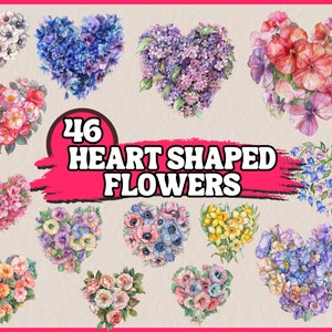 Pacote de clipart de flores em forma de coração em aquarela, conjunto de clipart de buquê de presente romântico floral, gráficos PNG transparentes, ilustração de alta resolução
