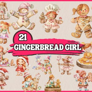 Aquarell Lebkuchen Mädchen Clipart, 21 PNG Lebkuchen Clipart Bundle, Lebkuchen Mädchen Keks, Weihnachtskekse Clipart, kommerzielle Nutzung