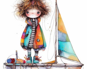 Quirky Sailboat Kid Clip Art 12 High Res Watercolor JPGs for Junk Journals, Scrapbooking, Card Making, Digital Download, Fantasy, Whimsical