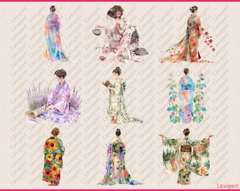水彩画の着物姿の女性のクリップアート バンドル、花と葉の模様の日本