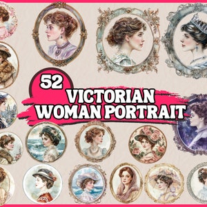 52 PNG Victorian Woman Portrait Clipart, Rosto de mulher histórica com moldura, Ilustração de decoração rústica antiga, Download instantâneo, Uso comercial