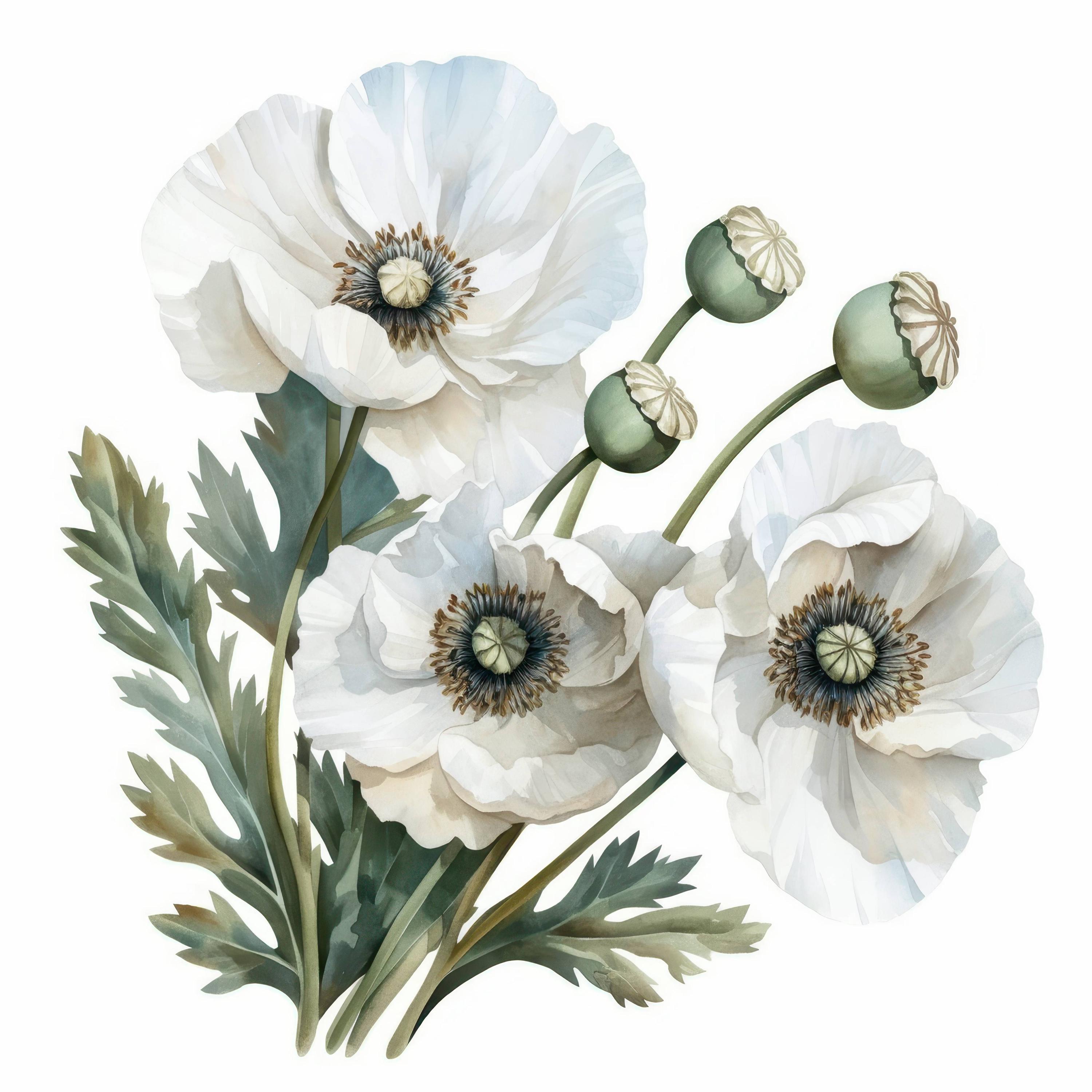 10枚の柔らかい白いアネモネの水彩画クリップアート、植物のポピーの花