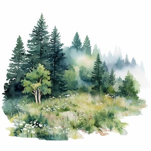 以下が含まれることがあります： 水彩画の森の風景。左側には、背の高い濃い緑色の松の木が並び、他の木々や葉が混ざっています。手前には野花が咲く草地があり、背景には霧のかかった森が薄れています。