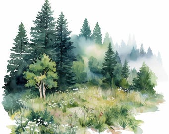 13 Misty Forest Clipart Bundle, Watercolor Woodland Landscape Illustration, Printable Watercolor Clipart, High Quality JPG, Paper Craft