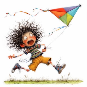 Quirky Flying Kite Clip Art 10 High Res Watercolor JPGs Junk Journals, Scrapbooking, Card Making, Digital Download, Fantasy, Whimsical, Boy