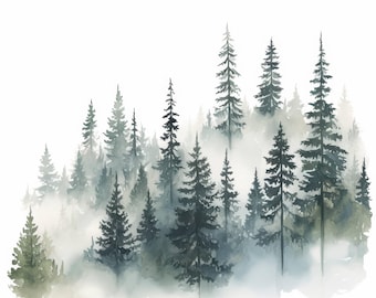 10 imágenes prediseñadas de acuarela de bosques de pinos brumosos, ilustración de bosque de hoja perenne brumoso, imágenes prediseñadas de acuarela imprimibles, JPG de alta calidad, manualidades de papel