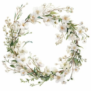 Puede incluir: Ilustración en acuarela de una corona floral. La corona está compuesta por flores blancas, hojas verdes y tallos marrones dispuestos en forma circular. Las flores tienen centros amarillos y están rodeadas de follaje verde.