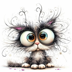 Frazzled Cat Clip Art 15 High Res Watercolor JPGs Junk Journaling, Scrapbooking, Card Making, Digital Download Kit, Fantasy, Whimsical