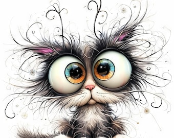 Frazzled Cat Clip Art 15 High Res Watercolor JPGs Junk Journaling, Scrapbooking, Card Making, Digital Download Kit, Fantasy, Whimsical