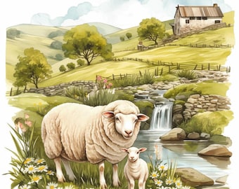10 Lamb Farm Clipart Bundle, Baby Sheep Illustration, Printable Watercolor Clipart, High Quality JPG, Paper Craft, Junk Journals