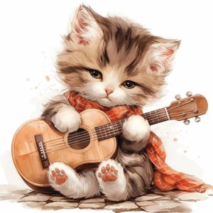 16 Cat with Guitar Clipart Bundle, Musical Pet Illustration, Printable Watercolor Clipart, High Quality JPG, Paper Craft, Junk Journals