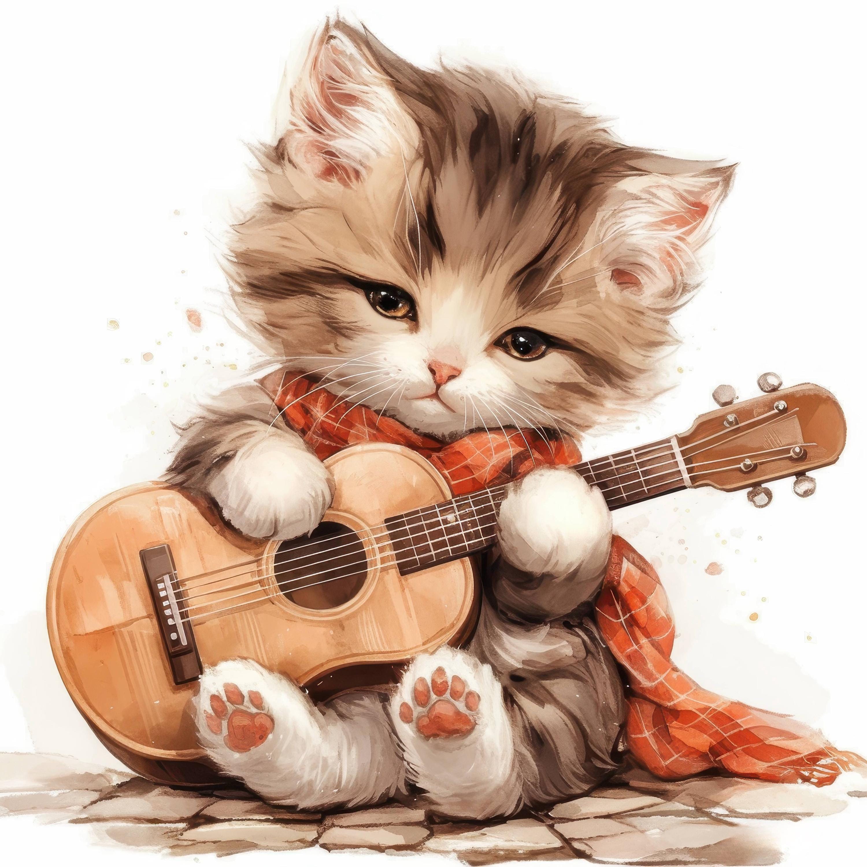 ギターを弾く猫のクリップアート16点セット、音楽にのったペットの
