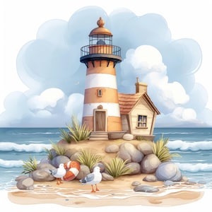 Whimsical Coastal Lighthouse Clip Art 10 High Res Watercolor JPGs Junk Journals, Scrapbook, Card Making, Digital Download, Fantasy, Seaside