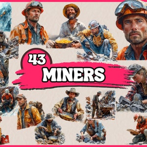 Watercolor Miners Clipart Bundle, Mining Clip Art Set, Gold Miner Portrait PNG Graphics, Coal Miner Digital Illustrations, Commercial Use