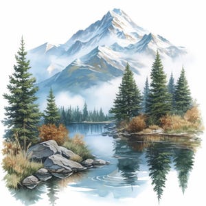 Può includere: Dipinto ad acquerello di un paesaggio montano con un lago. L'immagine presenta montagne innevate, alberi sempreverdi e un lago calmo che riflette lo scenario. La tavolozza dei colori include blu, verdi e bianchi, creando una scena serena e naturale.