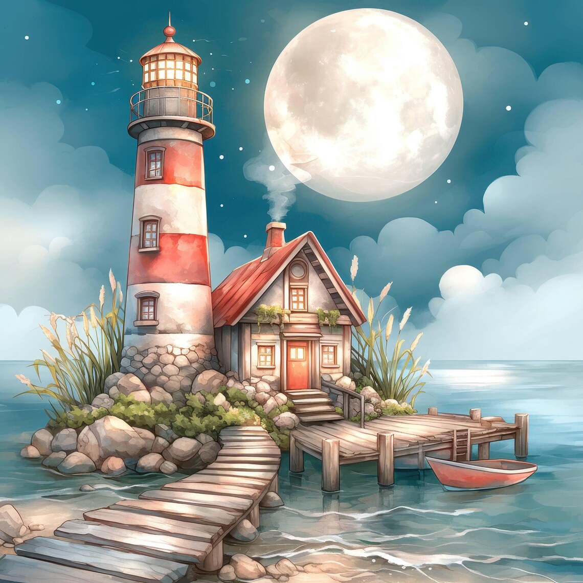 Moonlit Coastal Lighthouse Clip Art 10 High Res Watercolor Jpgs Junk ...