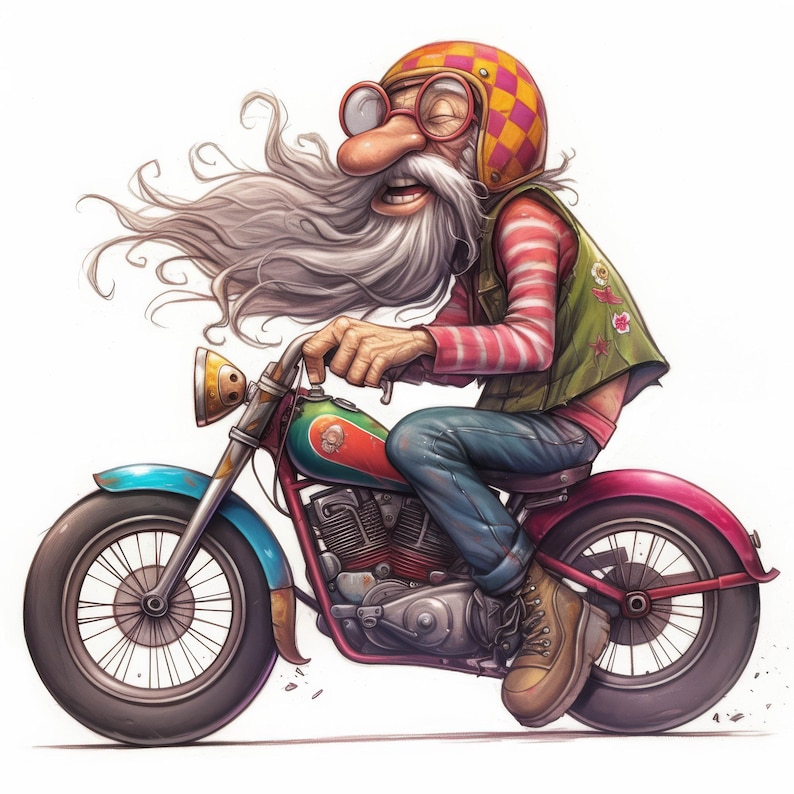 Puede incluir: Una ilustraci&oacute;n de dibujos animados de un hombre barbudo de pelo largo que lleva un casco a cuadros y conduce una motocicleta colorida.