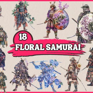 18 PNG bloemen samurai clipart, aquarel samurai met bloemen clipart, Japanse krijger graphics, illustratie, commerciële Instant Download