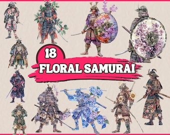 18 imágenes PNG de samuráis florales, imágenes prediseñadas de samuráis en acuarela con flores, gráficos de guerreros japoneses, ilustraciones, descarga instantánea comercial