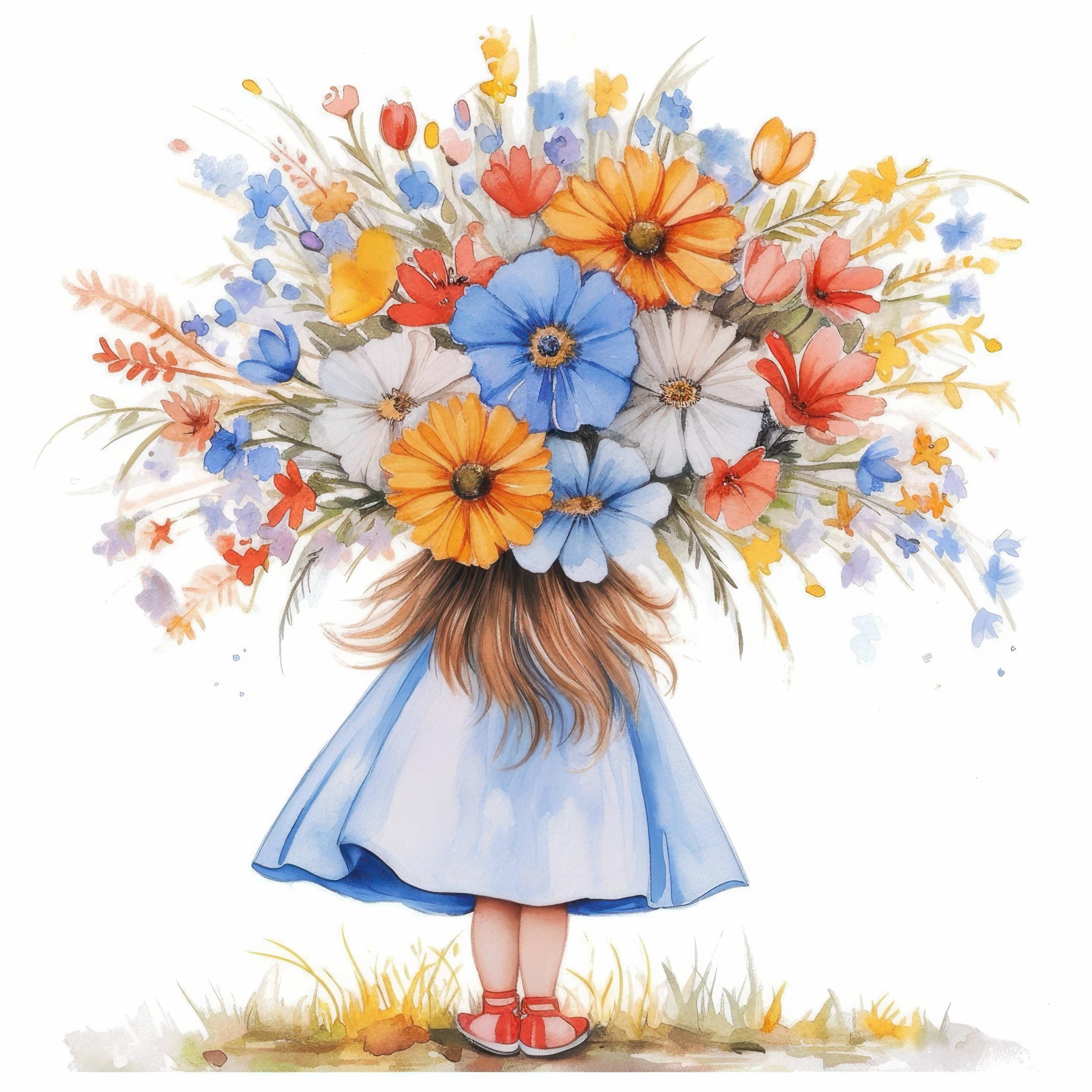 13 花束を持った女の子のクリップアートセット、ロマンチックな肖像画