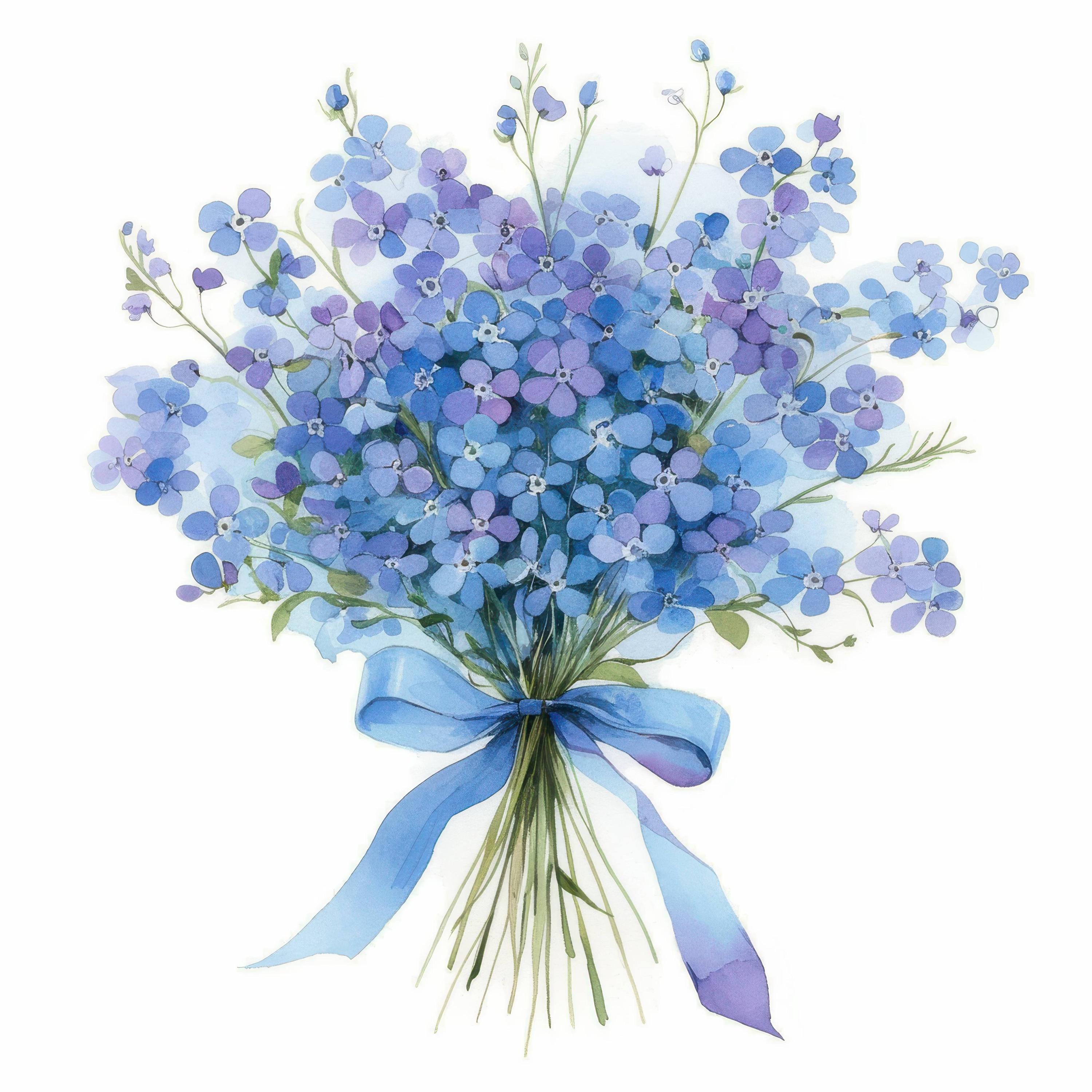 12-forget-me-not-flower-bunch-watercolor-clipart-blue-bow-illustration
