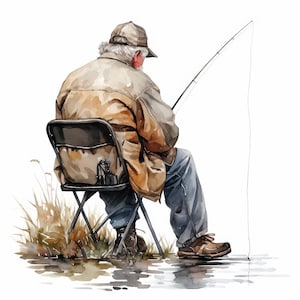 Può includere: Illustrazione ad acquerello di una persona che pesca. La persona è seduta su una sedia pieghevole, indossa una giacca marrone, jeans blu e un berretto. Una canna da pesca si estende nell'acqua, con la schiena della persona rivolta allo spettatore.