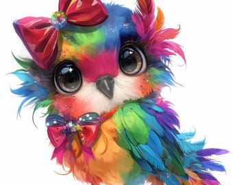 Op de afbeelding: Een kleurrijke illustratie van een uil met grote, expressieve ogen en een charmante strik. De veren van de uil zijn een levendige mix van regenboogkleuren, met accenten van roze, blauw, groen en oranje. Een rode strik siert zijn hoofd en een andere zijn nek.