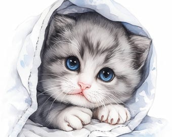 ベッドで眠る子猫のクリップアート14点セット、居心地の良いペットの