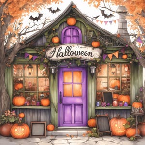 Spooky Halloween Shop Clip Art 10 High Res Watercolor JPGs For Junk Journaling, Scrapbook, Card Making, Digital Download, Fantasy, Whimsical