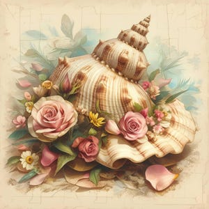 Vintage Seashells and Flowers Clip Art 14 High Res Watercolor JPGs for Junk Journaling, Scrapbooking, Card Making, Digital Download, Fantasy