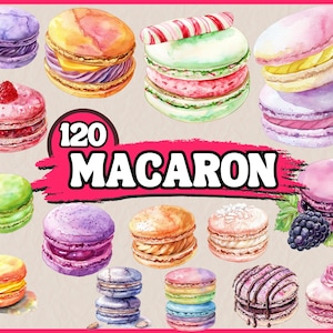Peut inclure: Une collection de 120 illustrations à l'aquarelle de macarons de différentes couleurs et saveurs. Les macarons sont disposés de manière aléatoire sur un fond blanc. Le texte "120 MACARON" est écrit en lettres roses sur un fond rose et blanc.