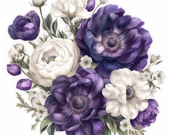 13種類の紫色のラナンキュラスの花のクリップアートセット、植物の花の