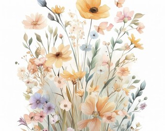 May include: A watercolour painting of a colourful floral display. The arrangement includes yellow, peach, pink, and purple flowers, with green leaves and small butterflies. The artwork has a soft, delicate appearance.
