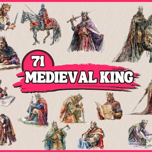 Paquete de imágenes prediseñadas de rey medieval de acuarela, conjunto de imágenes prediseñadas de fantasía de la Edad Media con armadura, caballo, corona, casco PNG gráfico, ilustración digital