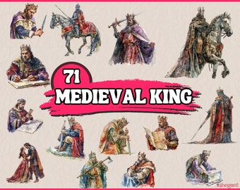 Watercolor Medieval King Clipart Bundle, Fantasy Middle Age Clip Art Set with Armor, Horse, Crown, Helmet PNG Graphic, Digital Illustration