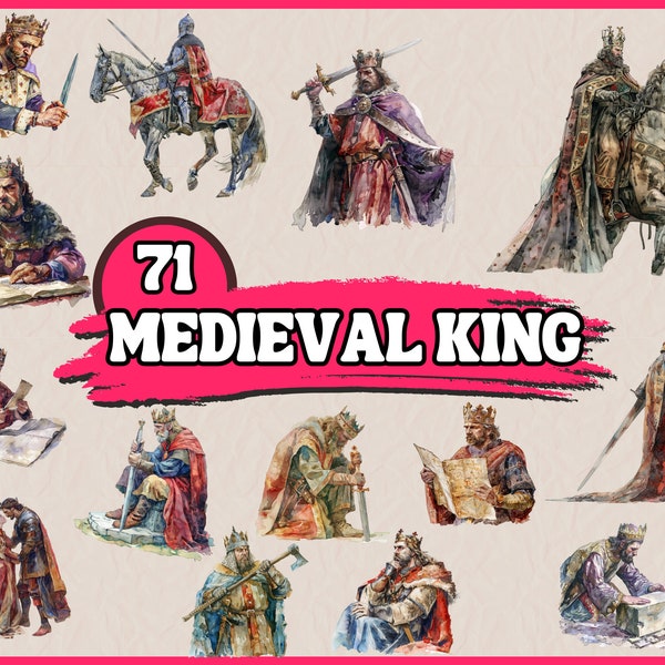 Watercolor Medieval King Clipart Bundle, Fantasy Middle Age Clip Art Set with Armor, Horse, Crown, Helmet PNG Graphic, Digital Illustration