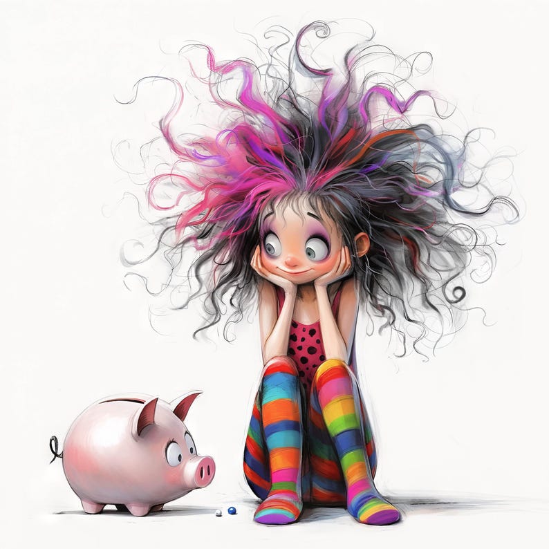 May include: A cartoon girl with pink and black hair sits with her legs crossed, looking at a pink piggy bank. She is wearing a pink and white polka dot top and rainbow striped tights.