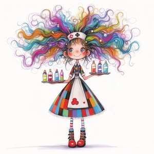 Puede incluir: Una ilustraci&oacute;n de dibujos animados de una ni&ntilde;a con el pelo arco&iacute;ris que lleva un uniforme de enfermera y sostiene una bandeja con botellas de colores.