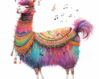 May include: A colorful llama with a pink, blue, and purple fuzzy coat, wearing a decorative, multi-colored saddle with tassels and beads. Musical notes float around the llama.